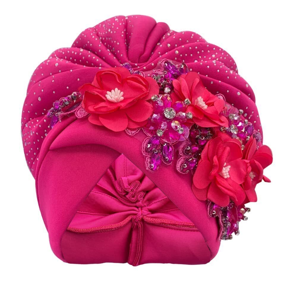 5849 Luxurious African Turban Cap Decorated with Rhinestone Bouquets